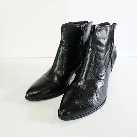 Frye Renee Seam Short Leather Stacked Heel Pointed Toe Boot Bootie In Black 9 - Picture 3 of 16